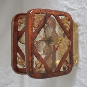 Vintage Lucite Napkin Holder Real Butterfly Wings Flowers Leaves EUC